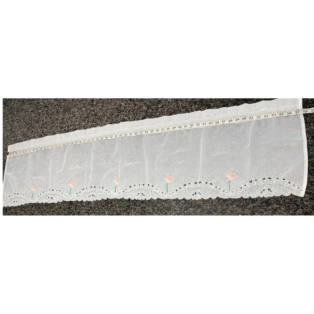 Set of 2 Vintage Sheer White Floral Embroidered Scalloped Valance Curtain 58x14